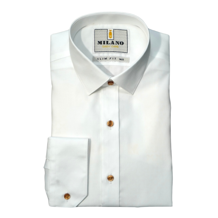 SLIM FIT WHITE COTTON DRESS SHIRT WITH ORANGE BUTTONS