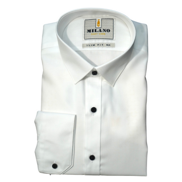 SLIM FIT WHITE COTTON DRESS SHIRT WITH BLACK BUTTONS