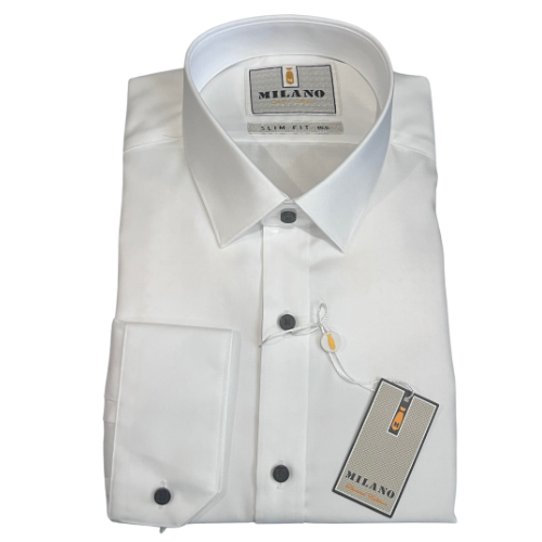 SLIM FIT WHITE COTTON DRESS SHIRT WITH NAVY BUTTONS