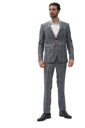 Line Patterned Suit GREY PATTERN SLIM FIT SUIT WITH BLUE LINES